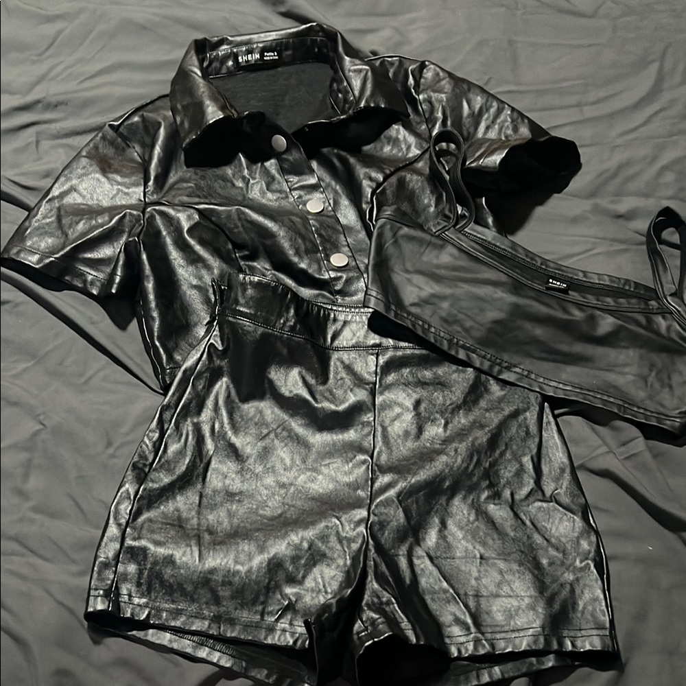 SHEIN 3pc Black Faux Leather top/jacket bandeau and Shorts Set